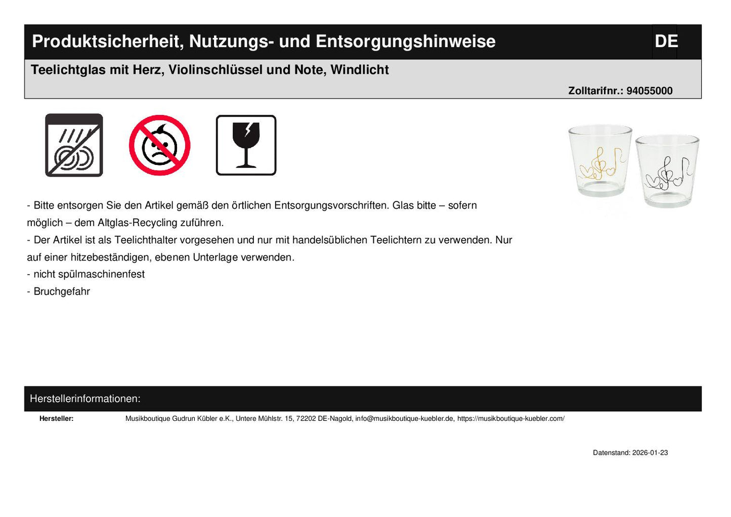 Teelichtglas mit Herz, Violinschlüssel und Note, Windlicht