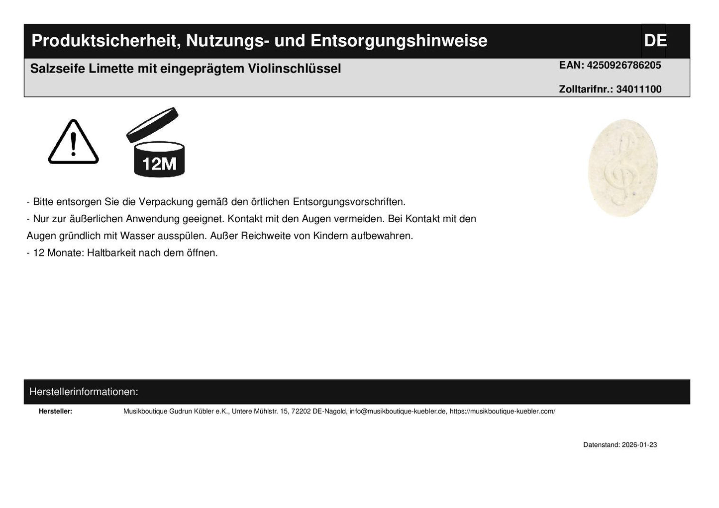 Salzseife Limette mit eingeprägtem Violinschlüssel