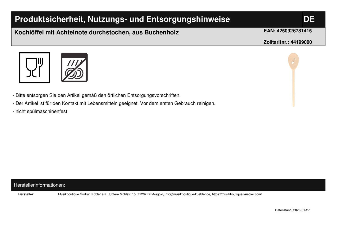 Wooden spoon pierced with eighth note, made of beech wood