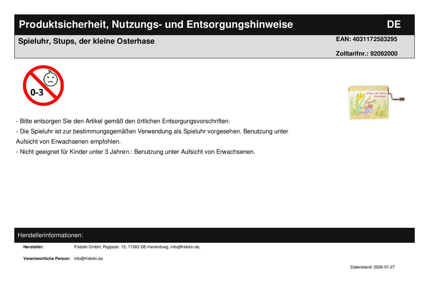 Spieluhr, Stups, der kleine Osterhase