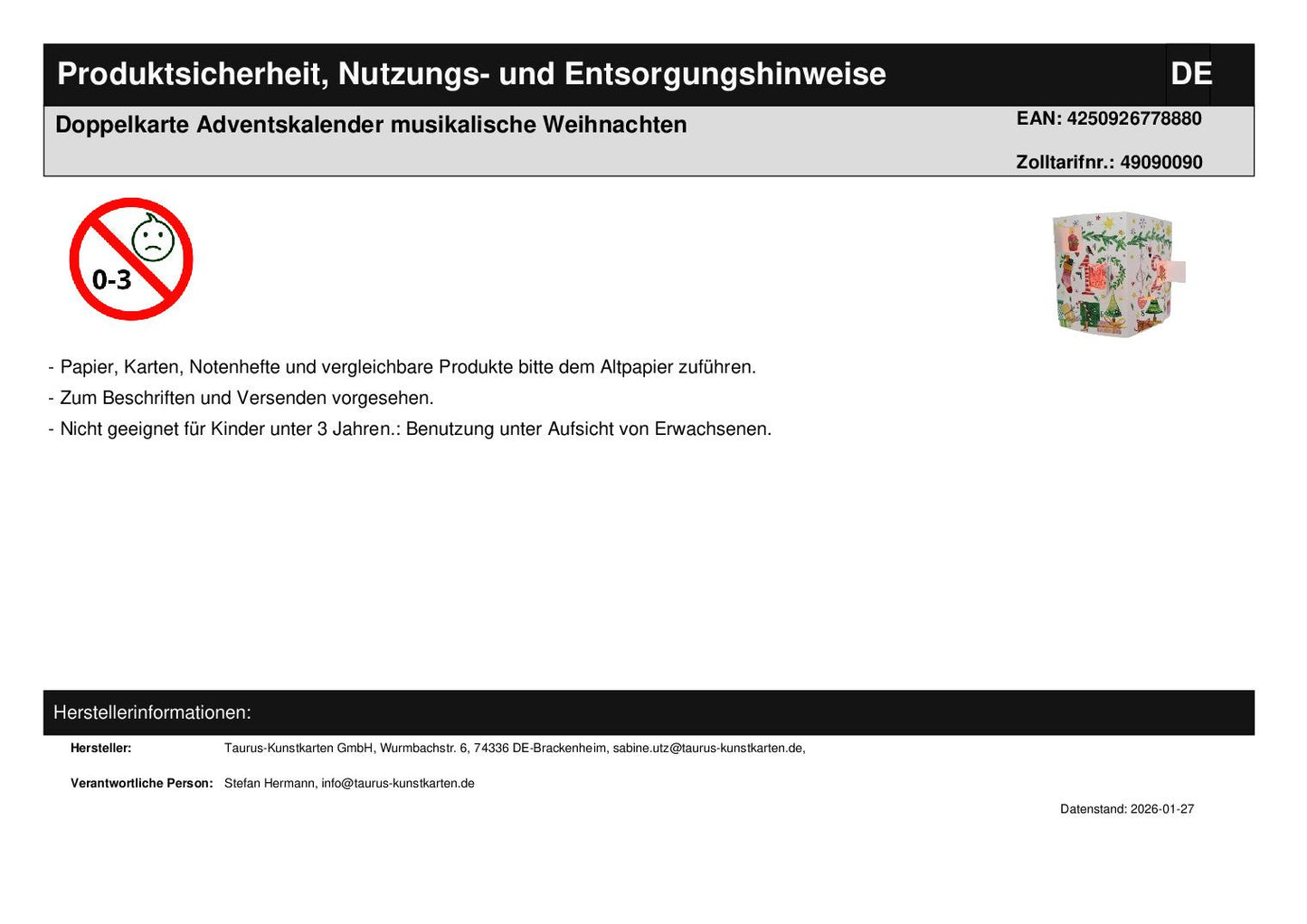 Doppelkarte Adventskalender musikalische Weihnachten