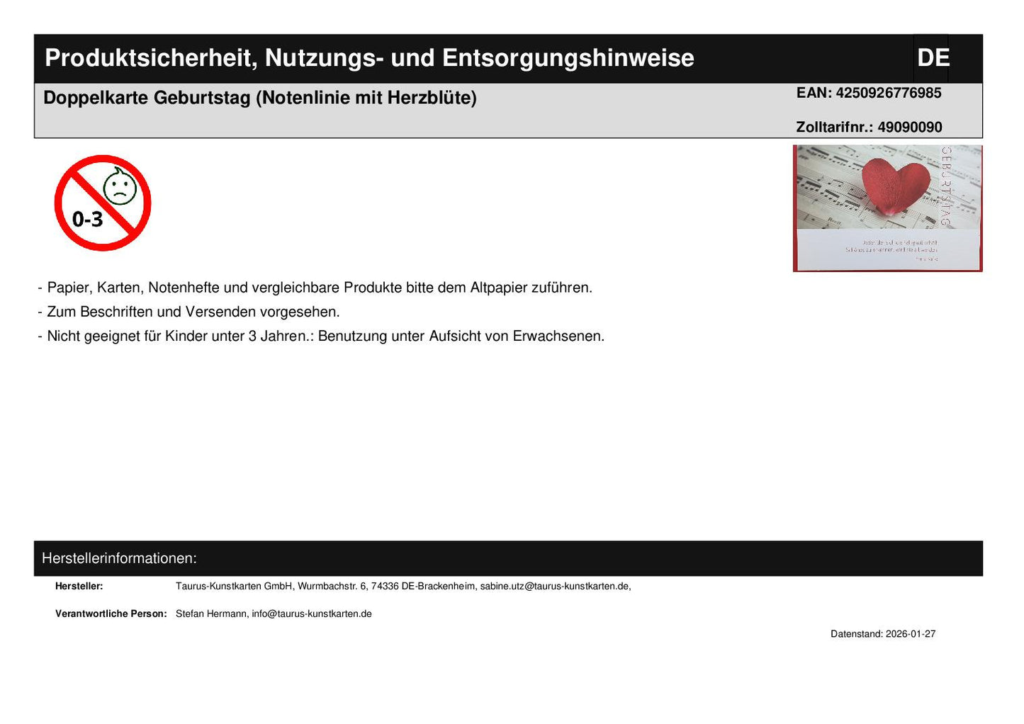 Doppelkarte Geburtstag (Notenlinie mit Herzblüte)