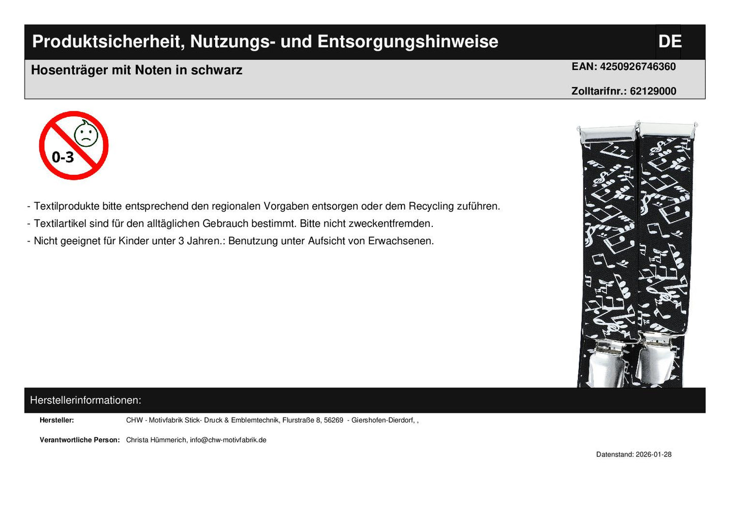 Hosenträger mit Noten in schwarz