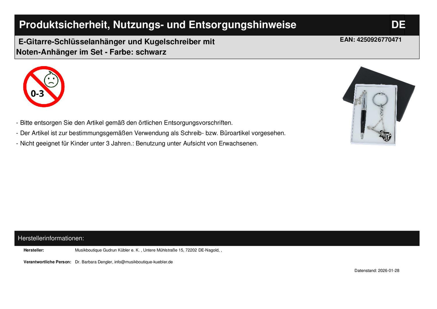 E-Gitarre-Schlüsselanhänger und Kugelschreiber mit Noten-Anhänger im Set - Farbe: schwarz