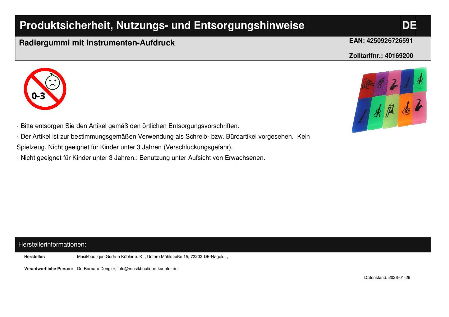Radiergummi mit Instrumenten-Aufdruck