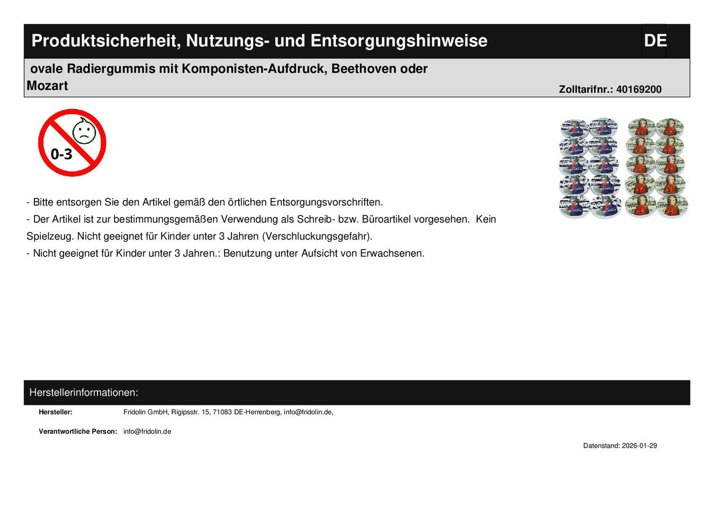 oval erasers with composer imprint, Beethoven or Mozart