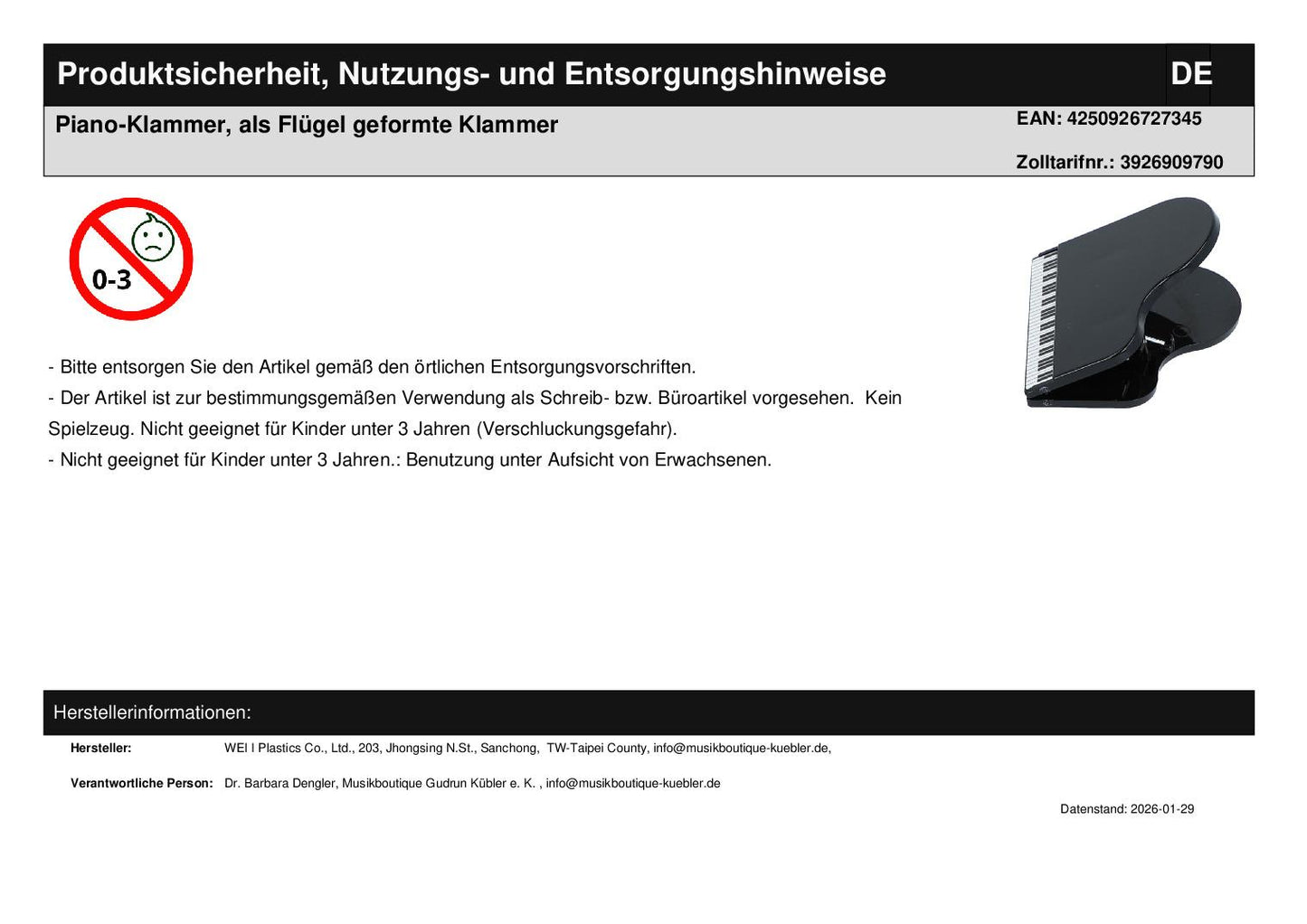 Piano-Klammer, als Flügel geformte Klammer