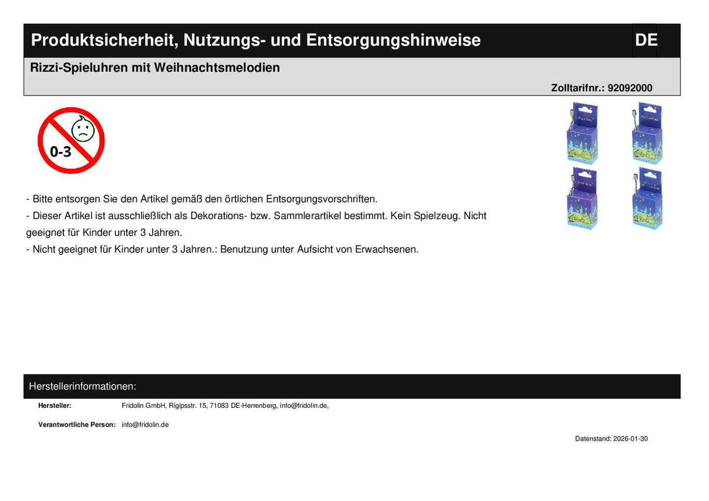 Rizzi-Spieluhren mit Weihnachtsmelodien