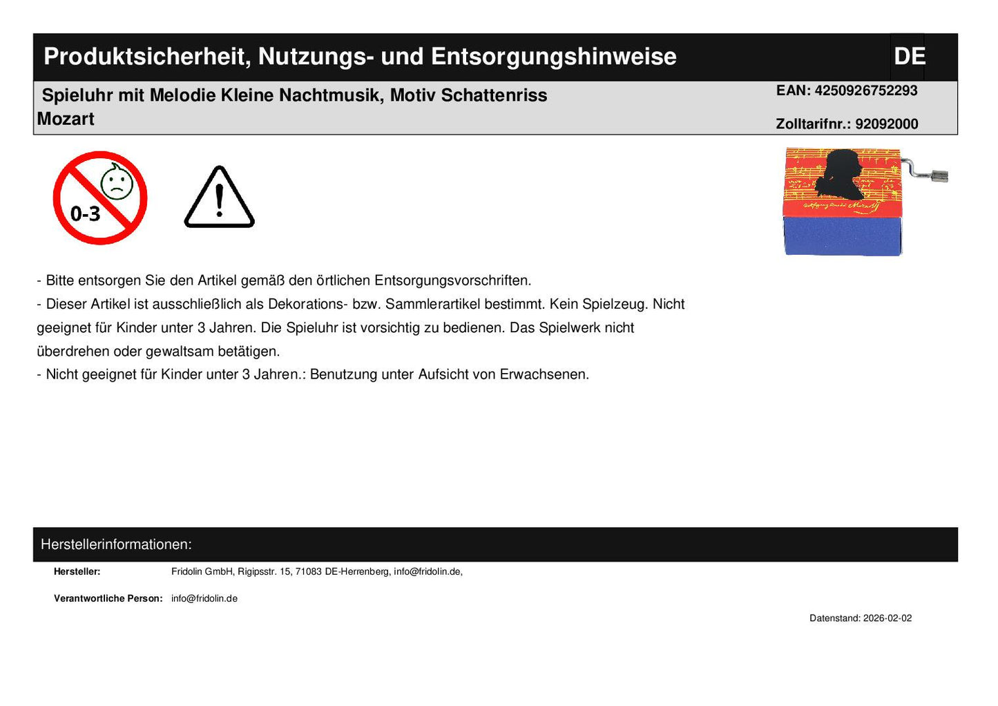 Music box with melody Kleine Nachtmusik, motif silhouette Mozart