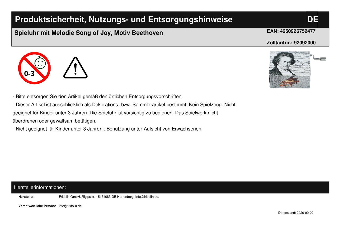 Music box with melody Song of Joy, motif Beethoven