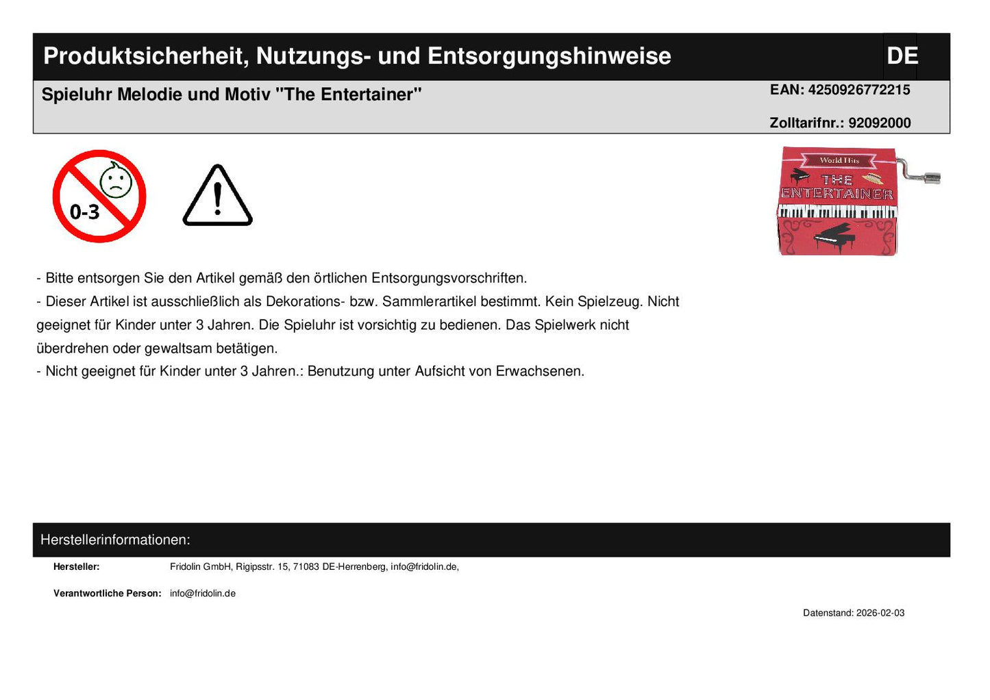 Spieluhr Melodie und Motiv "The Entertainer"