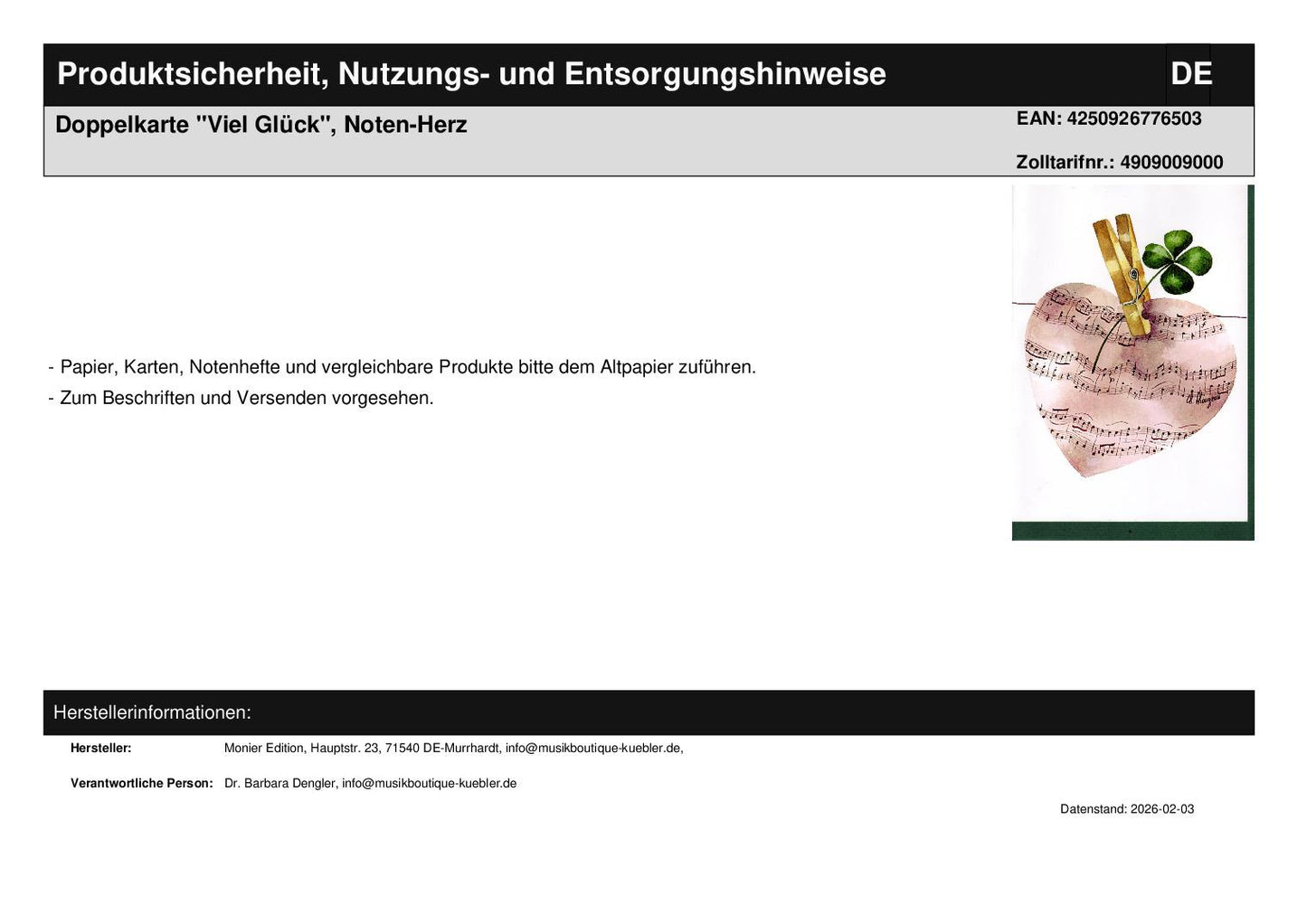 Doppelkarte "Viel Glück", Noten-Herz