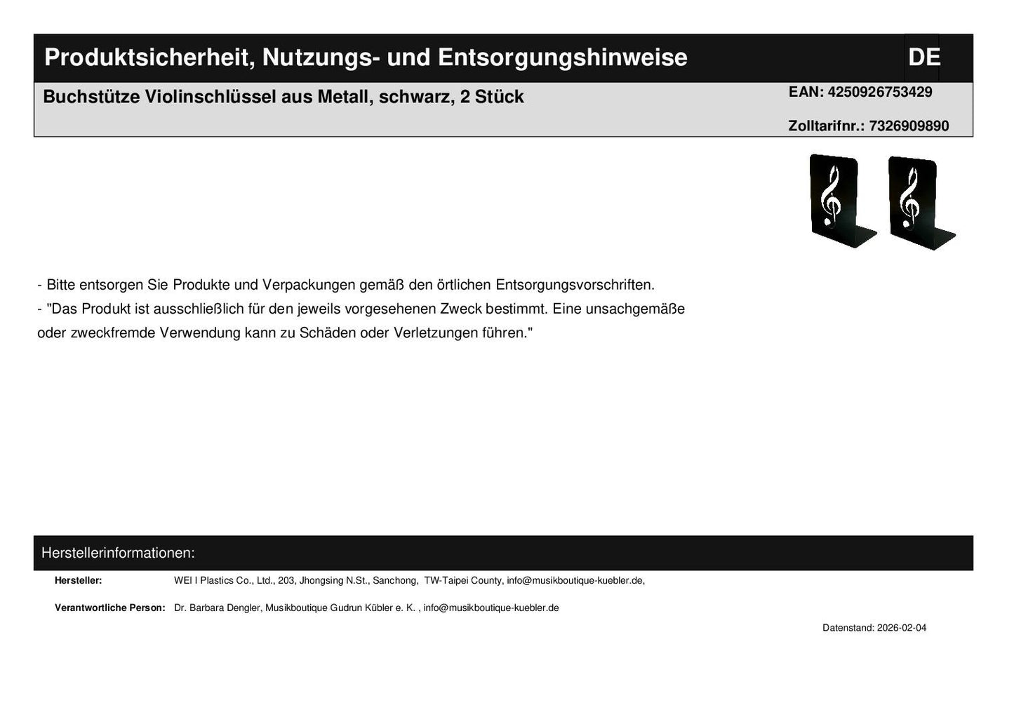 Buchstütze Violinschlüssel aus Metall, schwarz, 2 Stück