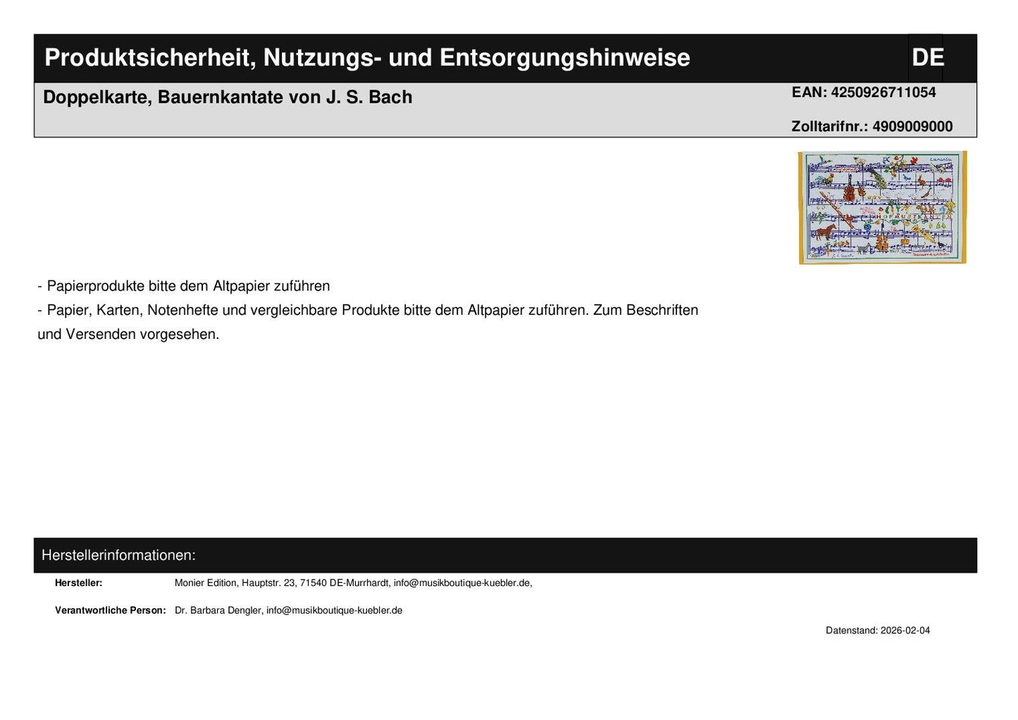 Doppelkarte, Bauernkantate von J. S. Bach