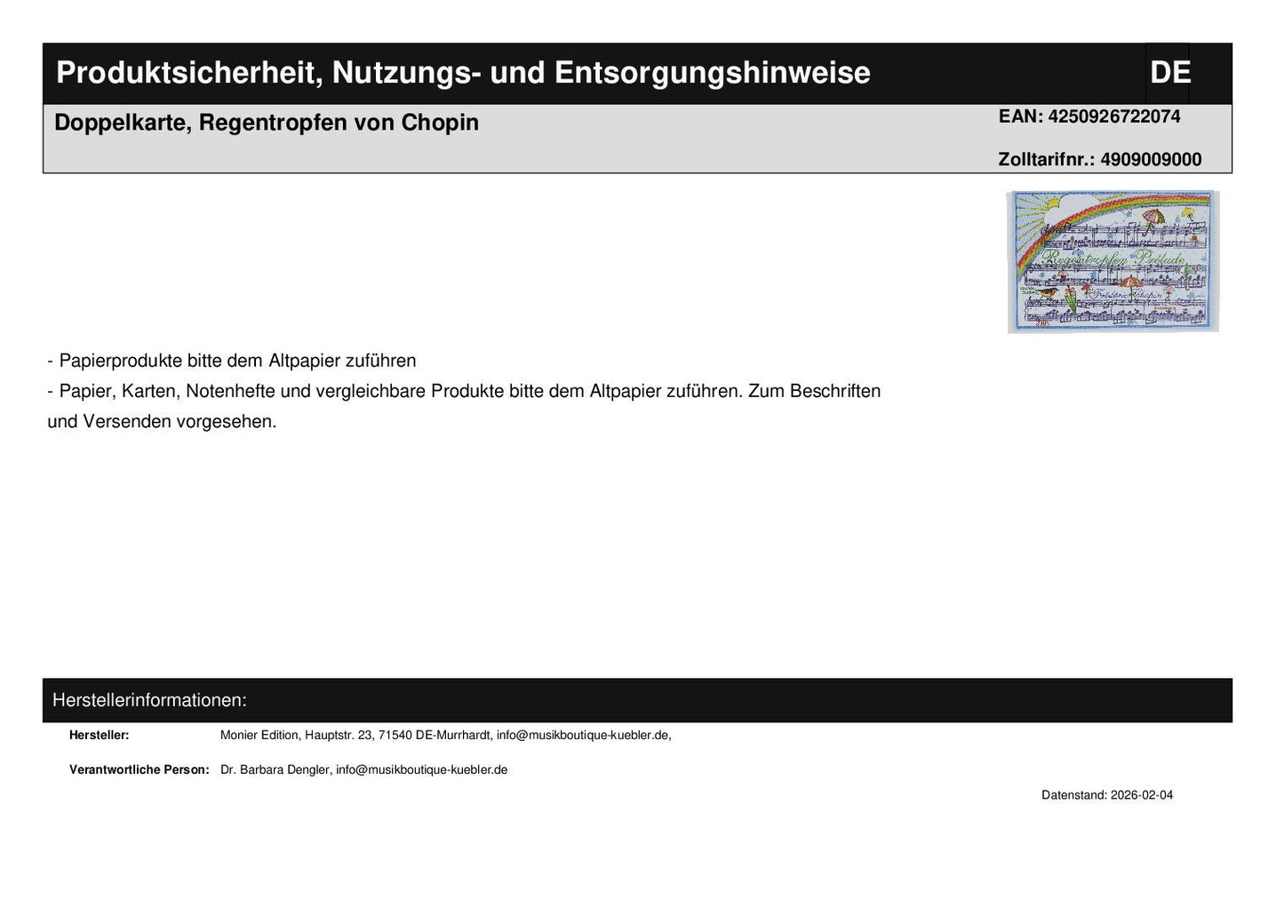 Double card, Raindrops by Chopin