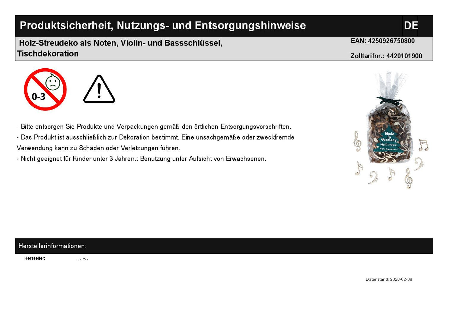 Holz-Streudeko als Noten, Violin- und Bassschlüssel, Tischdekoration