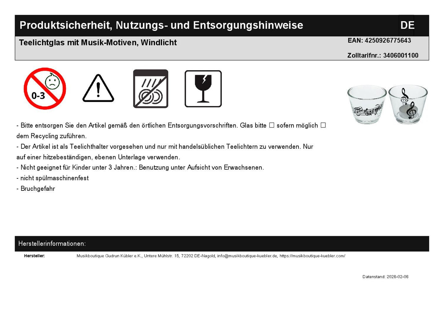 Tealight glass with music motifs, lantern