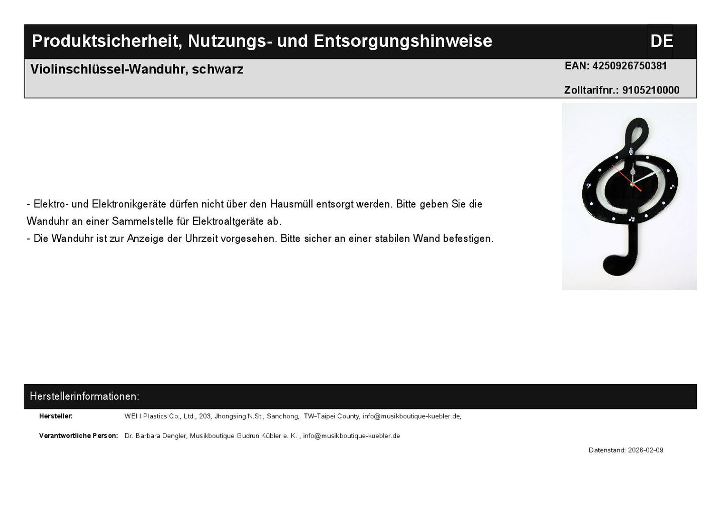 Treble Clef Wall Clock, Black