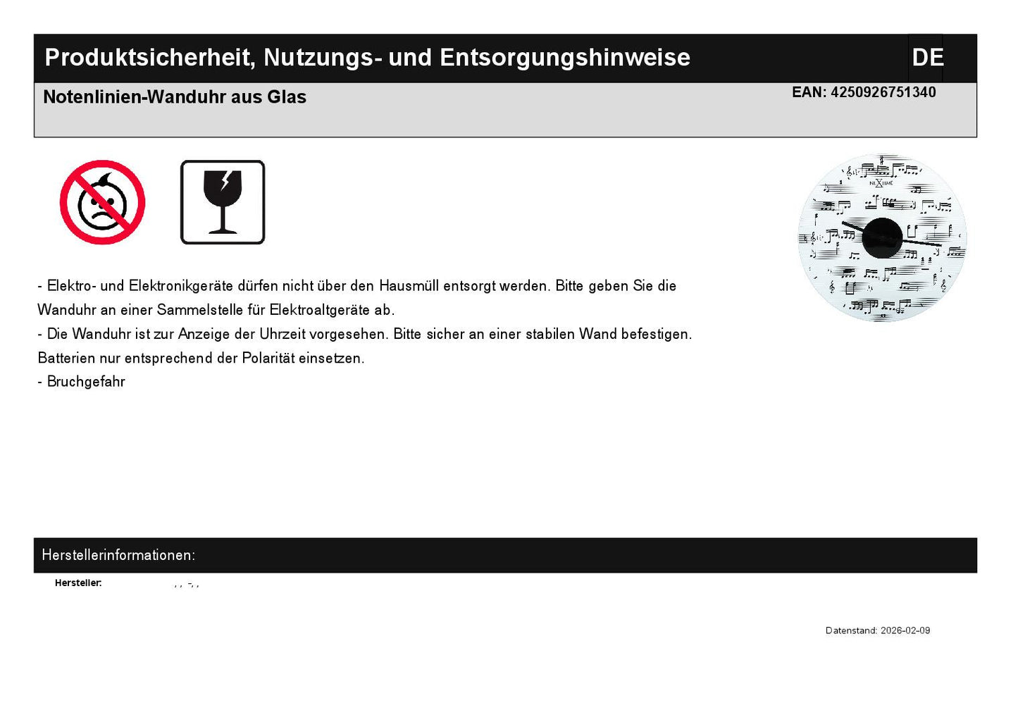 Notenlinien-Wanduhr aus Glas