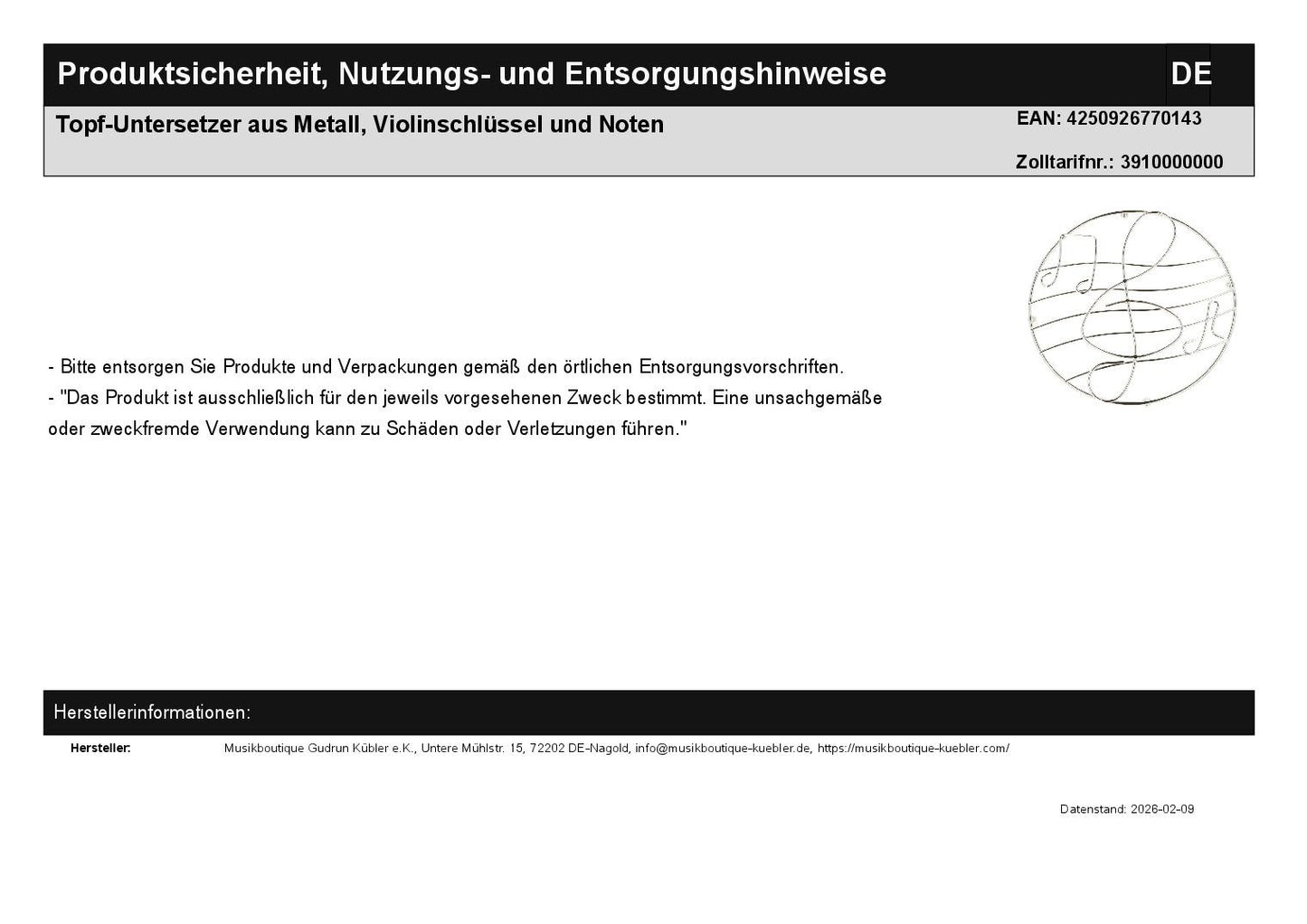 Topf-Untersetzer aus Metall, Violinschlüssel und Noten