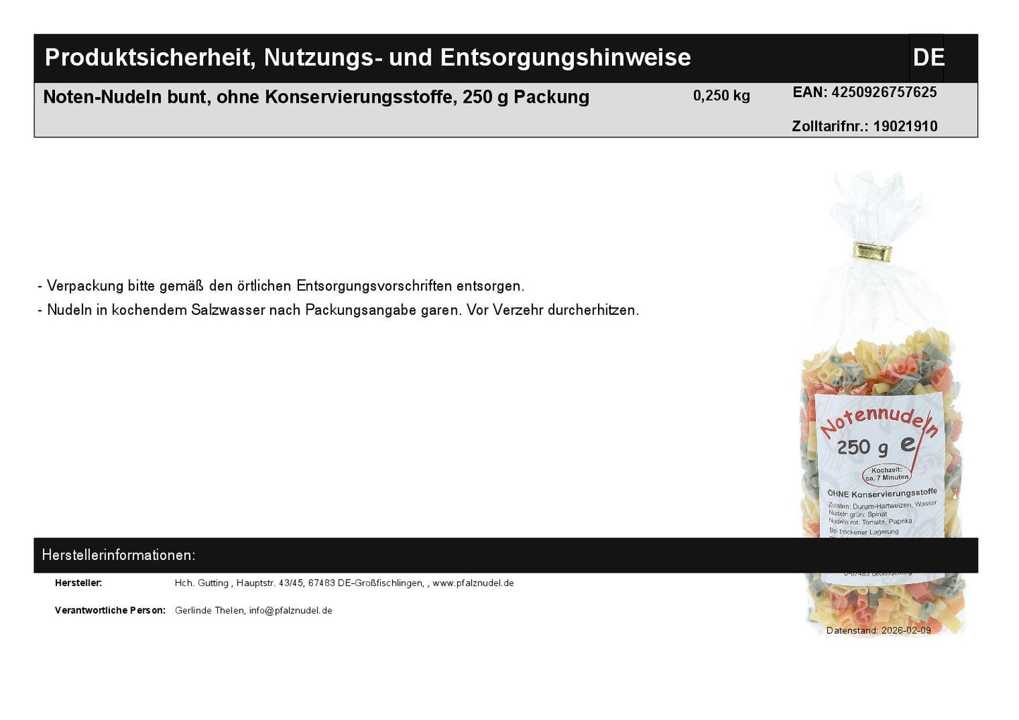 Noten-Nudeln bunt, ohne Konservierungsstoffe, 250 g Packung
