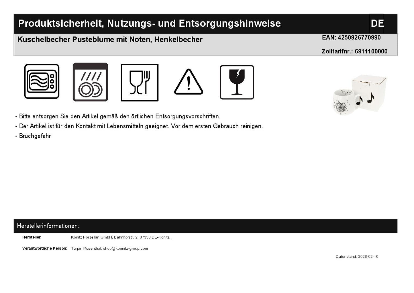 Cuddly Mug Dandelion with Notes, Handle Mug