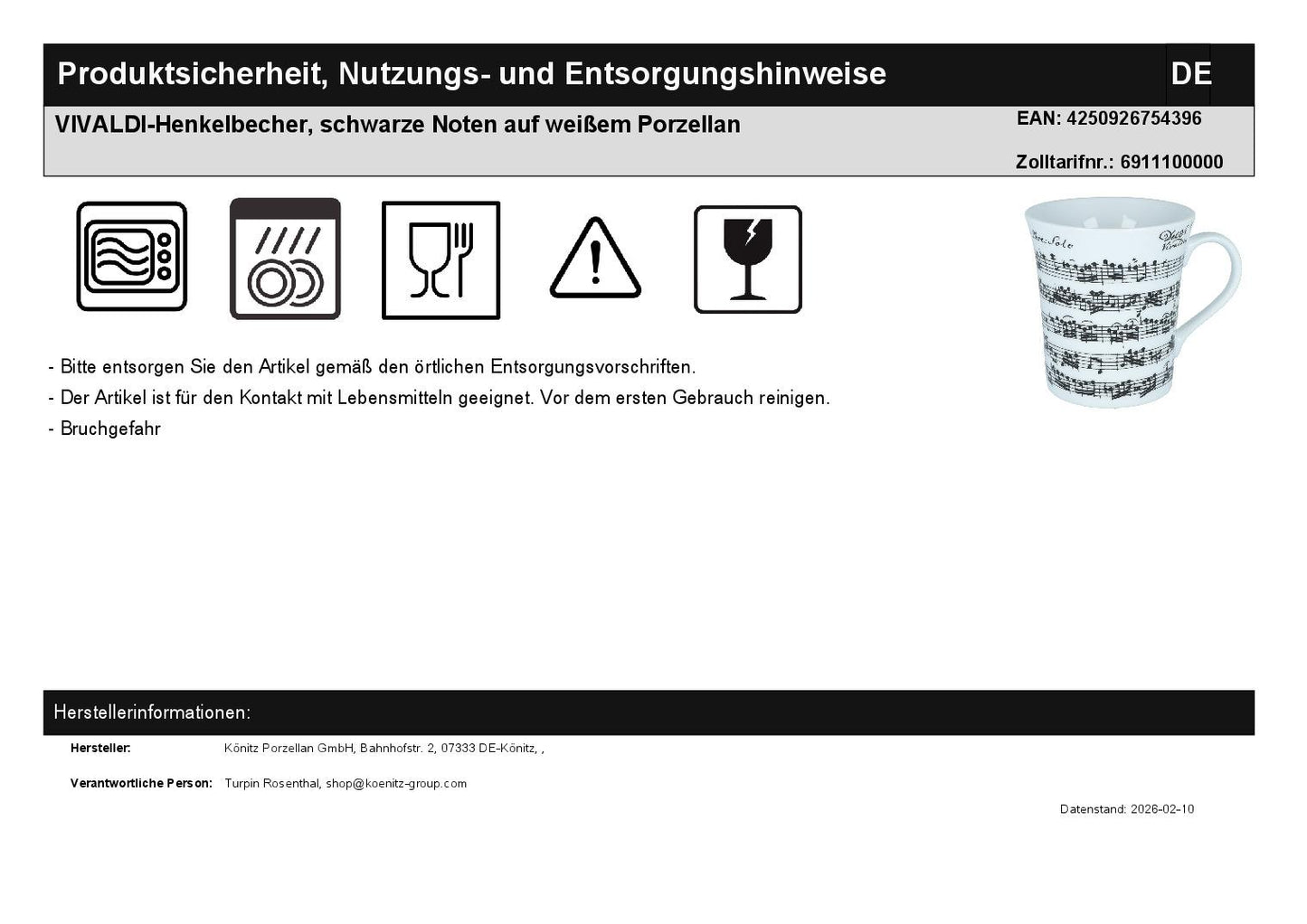 VIVALDI-Henkelbecher, schwarze Noten auf weißem Porzellan