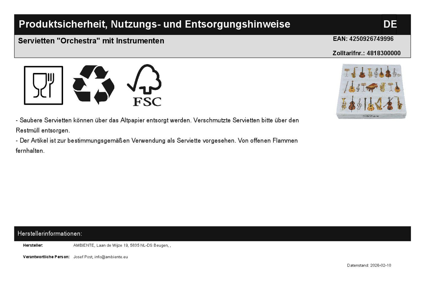 Servietten "Orchestra" mit Instrumenten