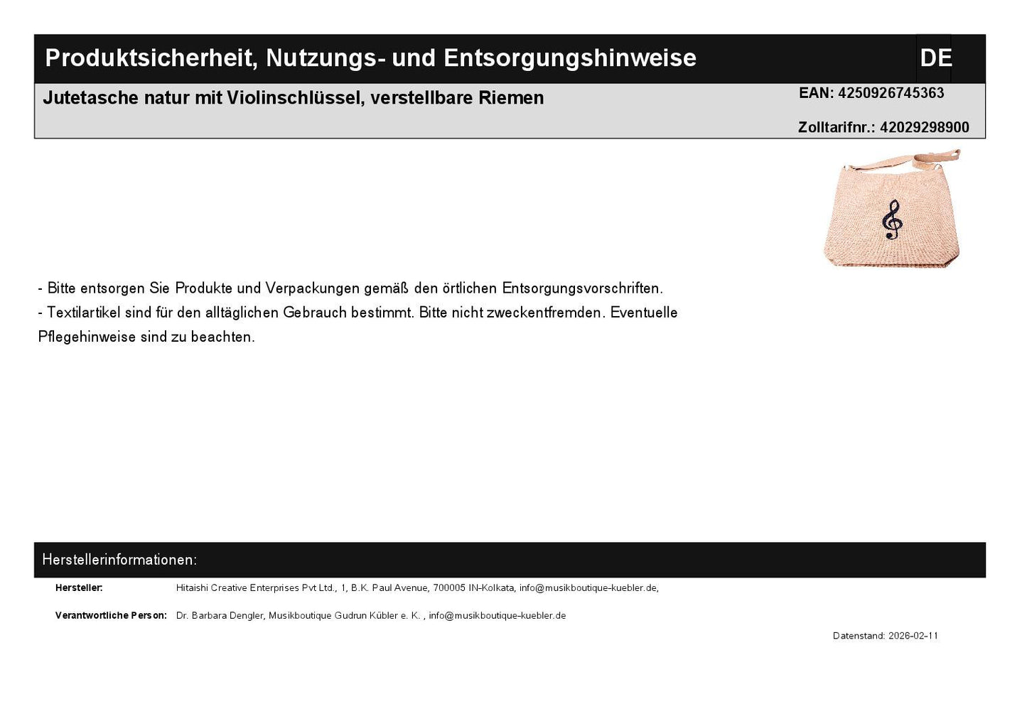 Jute bag natural with treble clef, adjustable straps