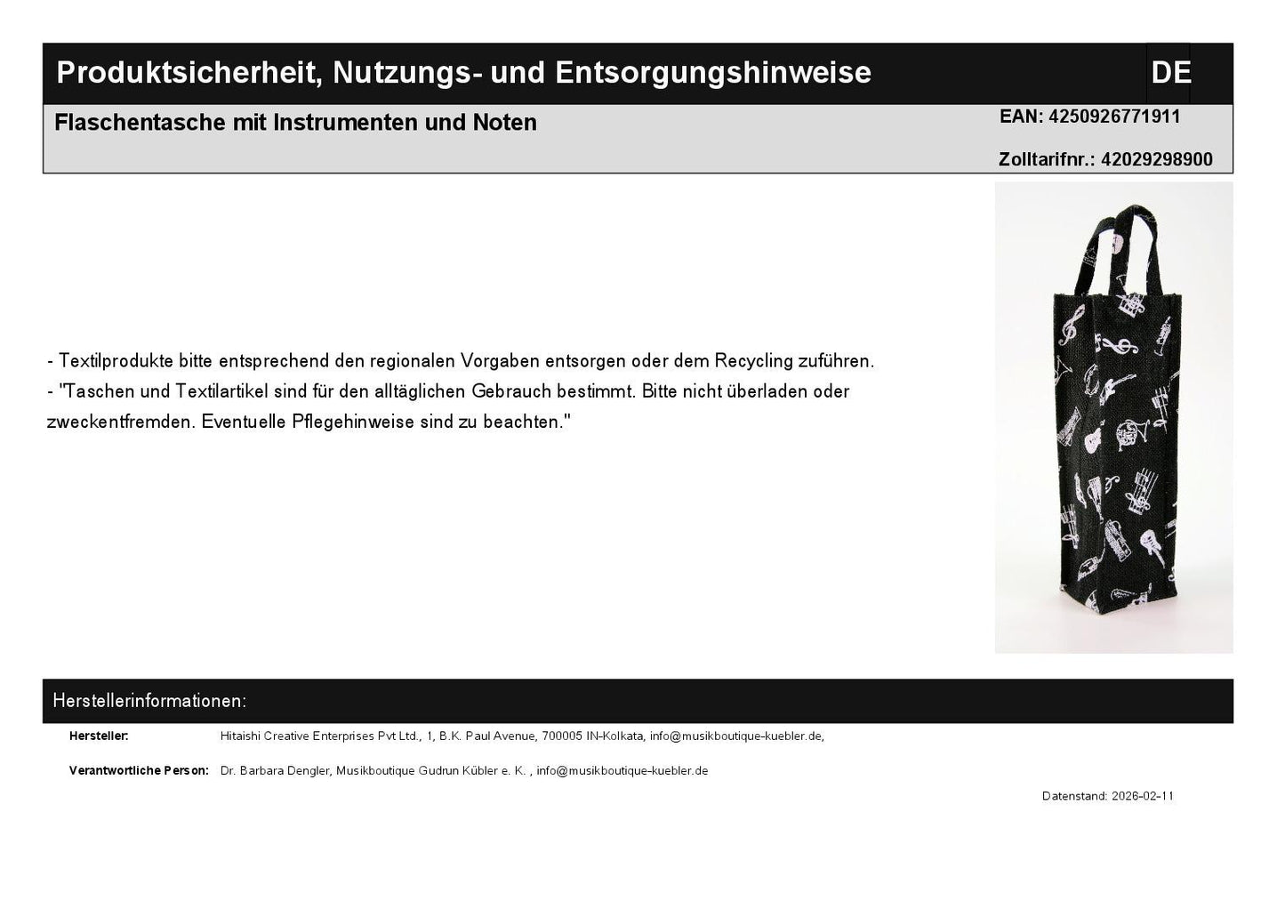 Flaschentasche mit Instrumenten und Noten