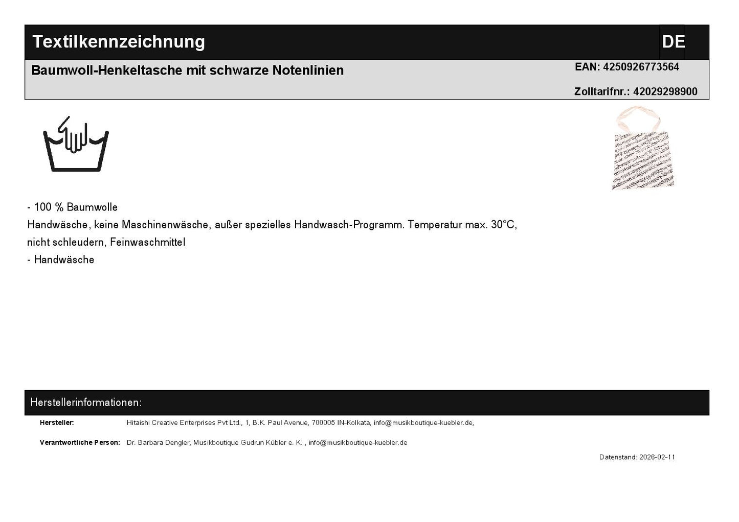 Baumwoll-Henkeltasche mit schwarze Notenlinien