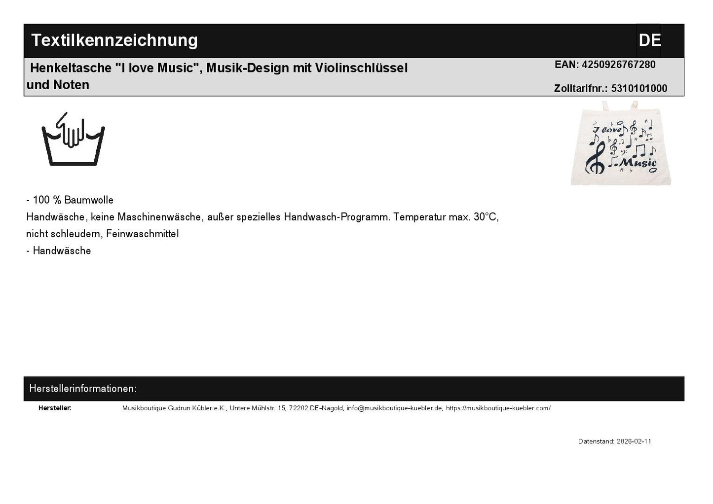Henkeltasche "I love Music", Musik-Design mit Violinschlüssel und Noten