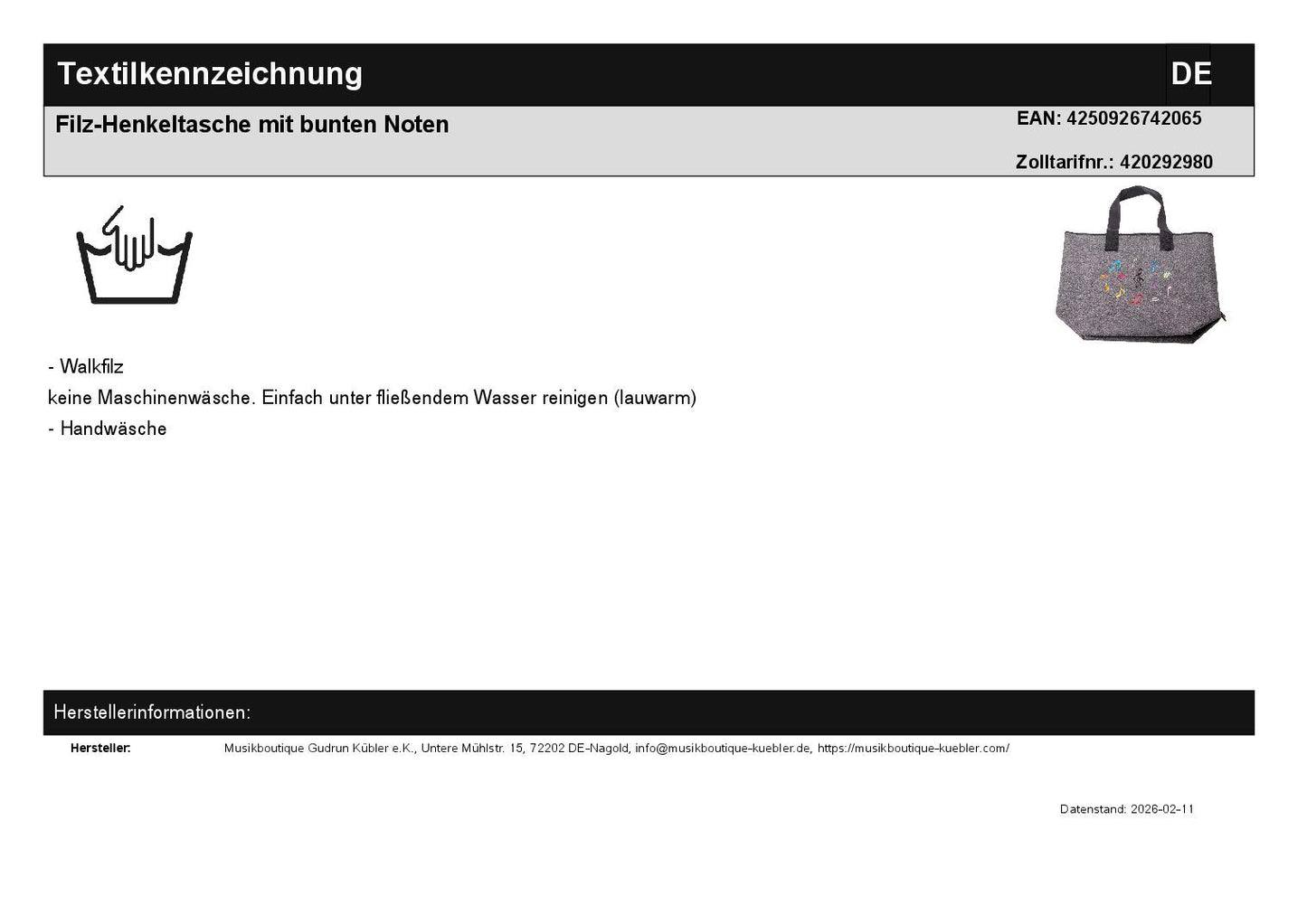 Filz-Henkeltasche mit bunten Noten