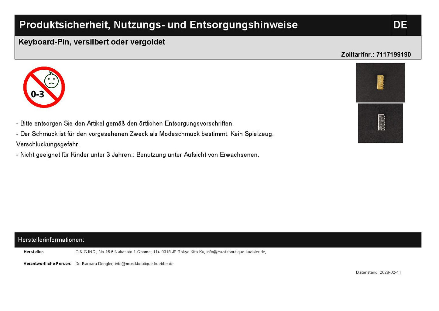 Keyboard-Pin, versilbert oder vergoldet
