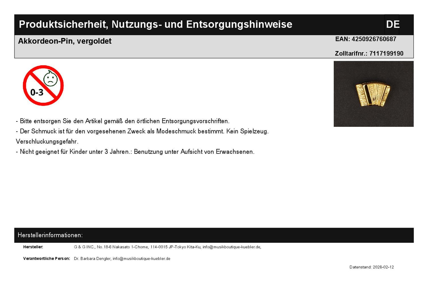 Akkordeon-Pin, vergoldet