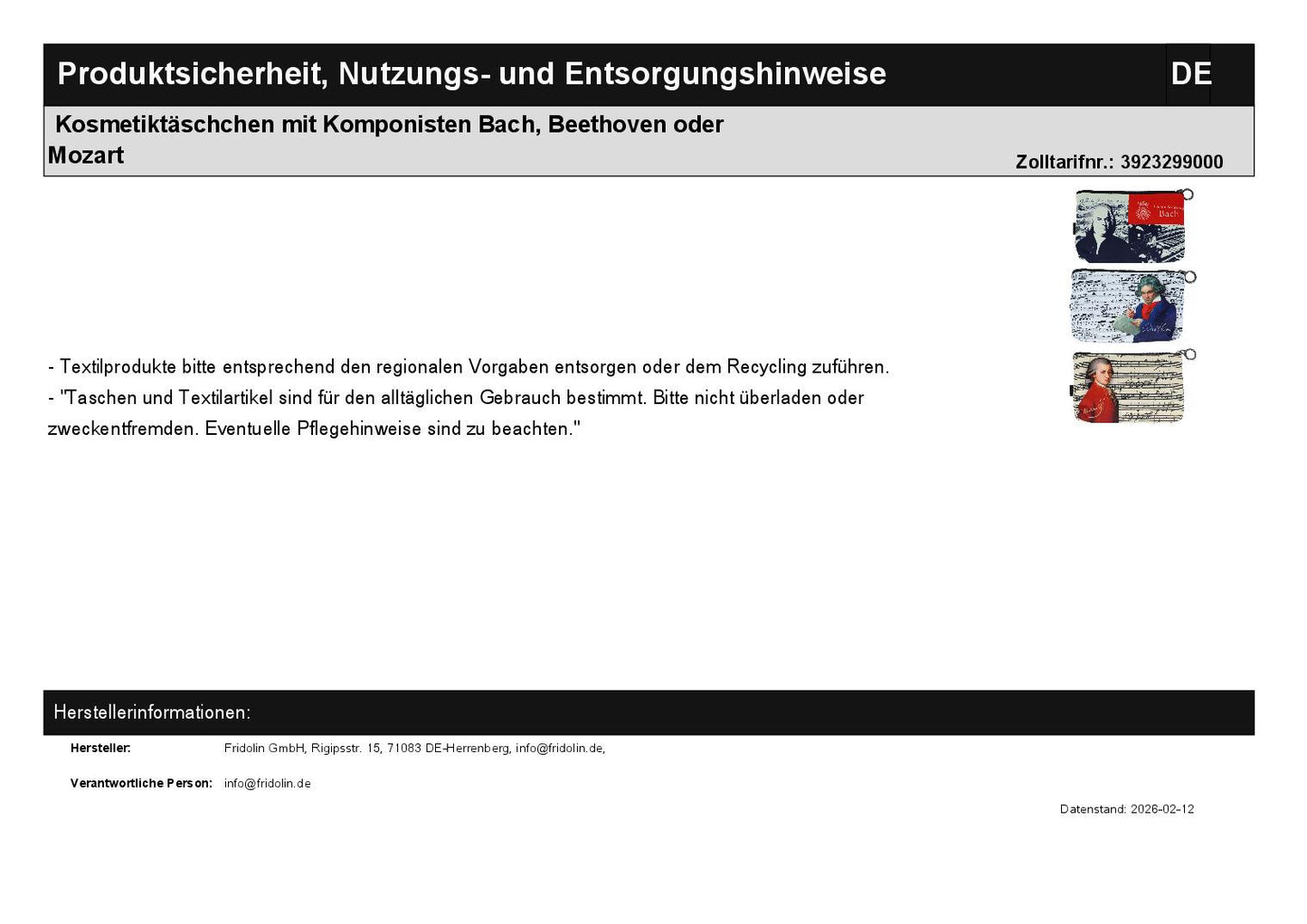 Kosmetiktäschchen mit Komponisten Bach, Beethoven oder Mozart