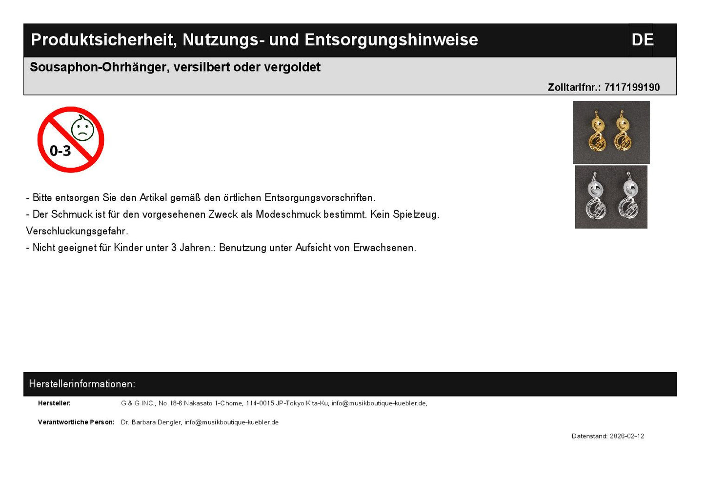 Sousaphon-Ohrhänger, versilbert oder vergoldet