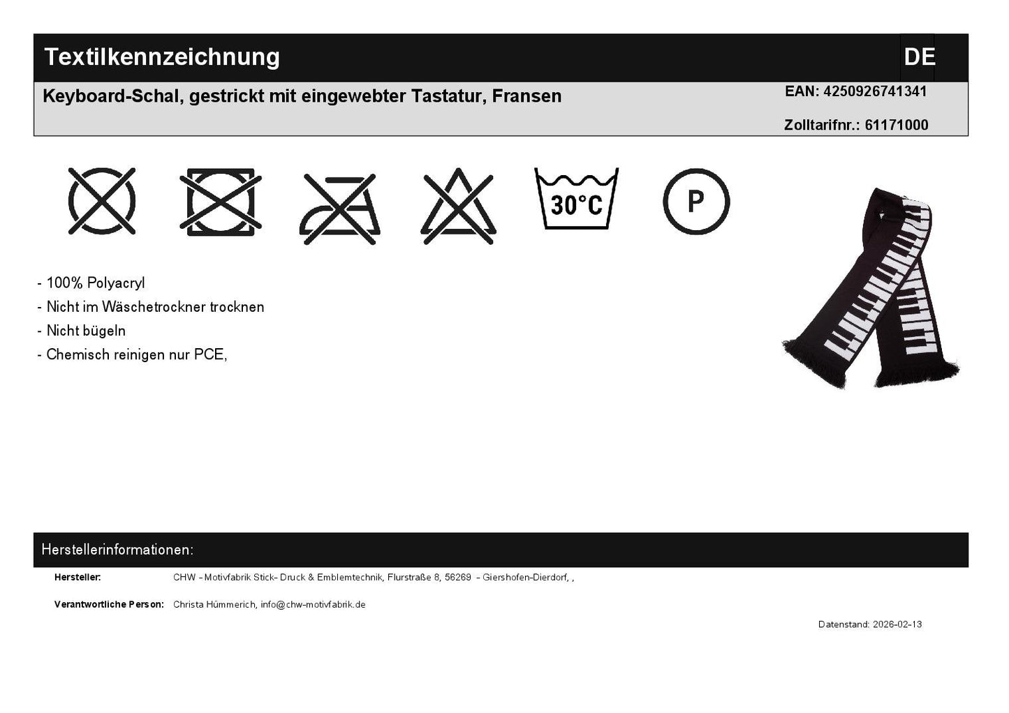 Keyboard-Schal, gestrickt mit eingewebter Tastatur, Fransen