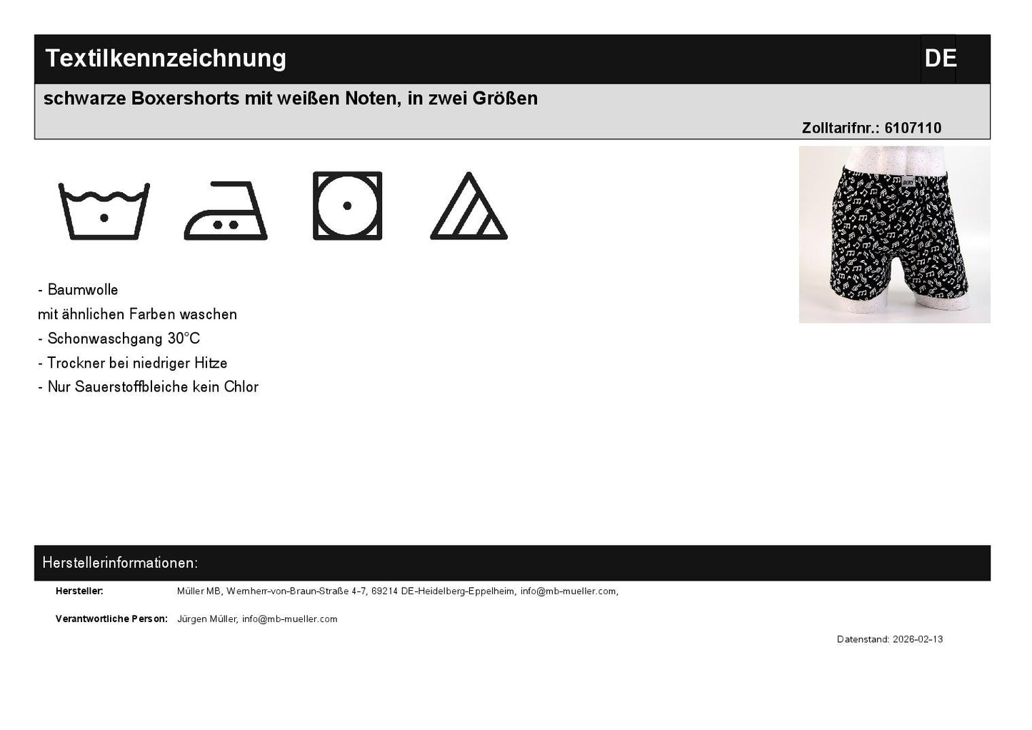 schwarze Boxershorts mit weißen Noten, in zwei Größen