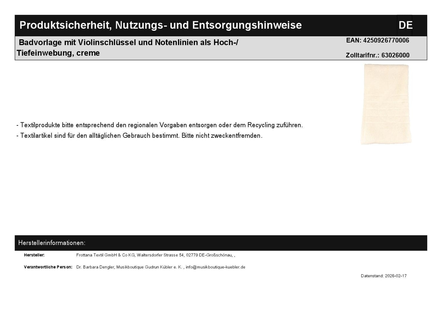 Bath mat with treble clef and music lines as high/low weave, cream