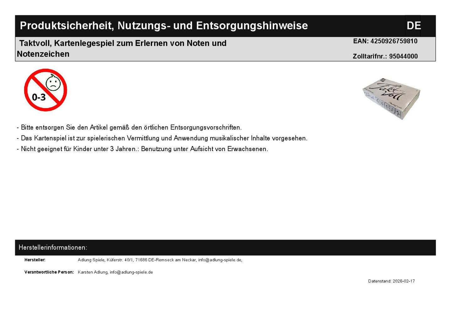 Taktvoll, Kartenlegespiel zum Erlernen von Noten und Notenzeichen