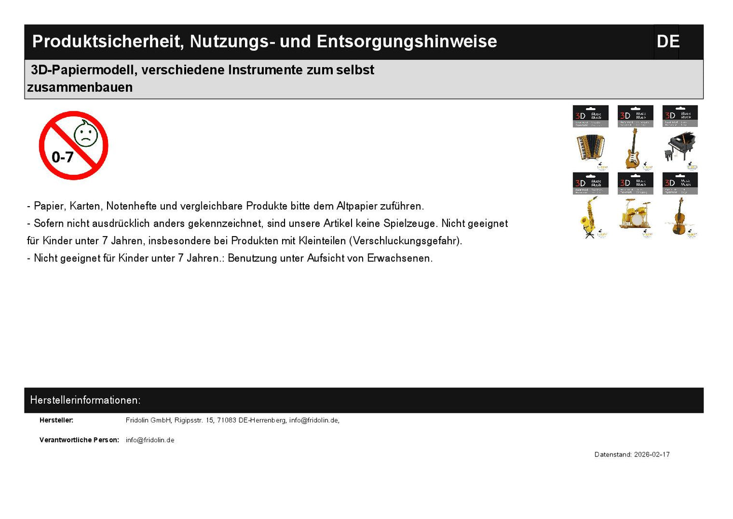 3D-Papiermodell, verschiedene Instrumente zum selbst zusammenbauen