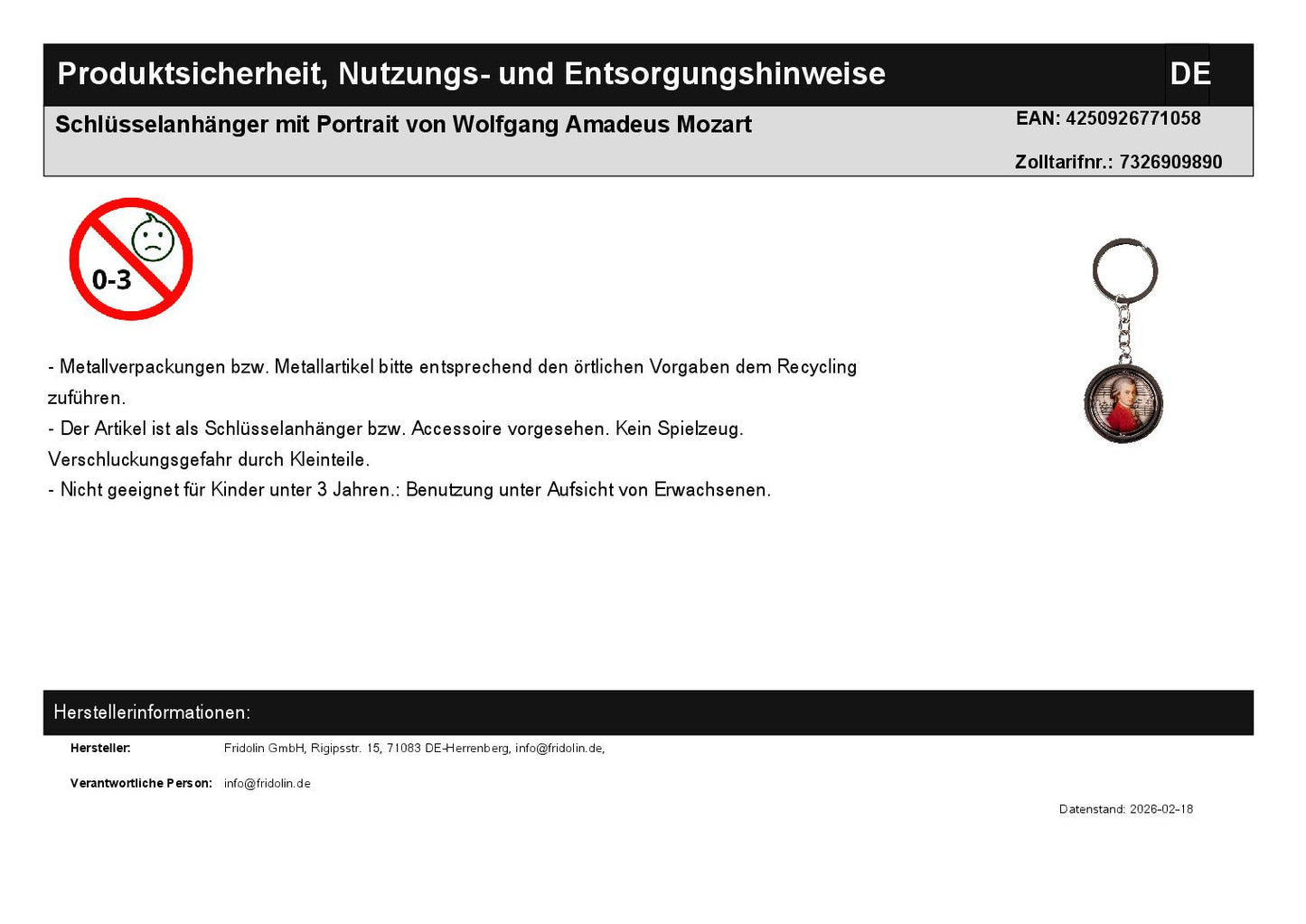 Keychain with portrait of Wolfgang Amadeus Mozart