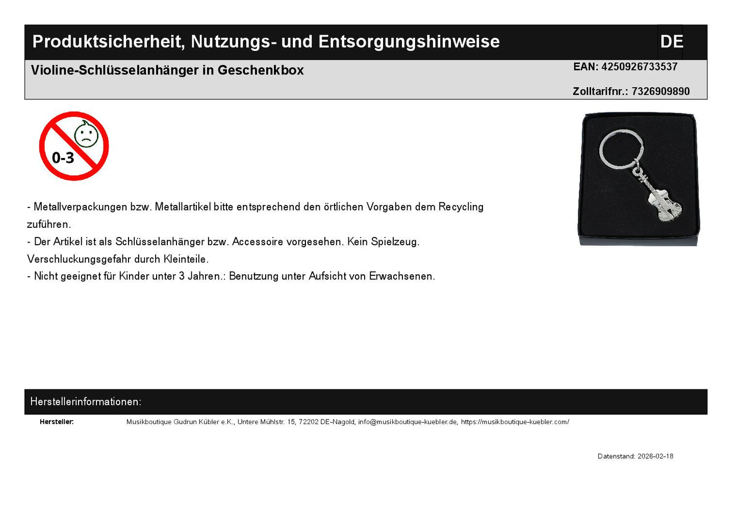 Violin keychain in gift box