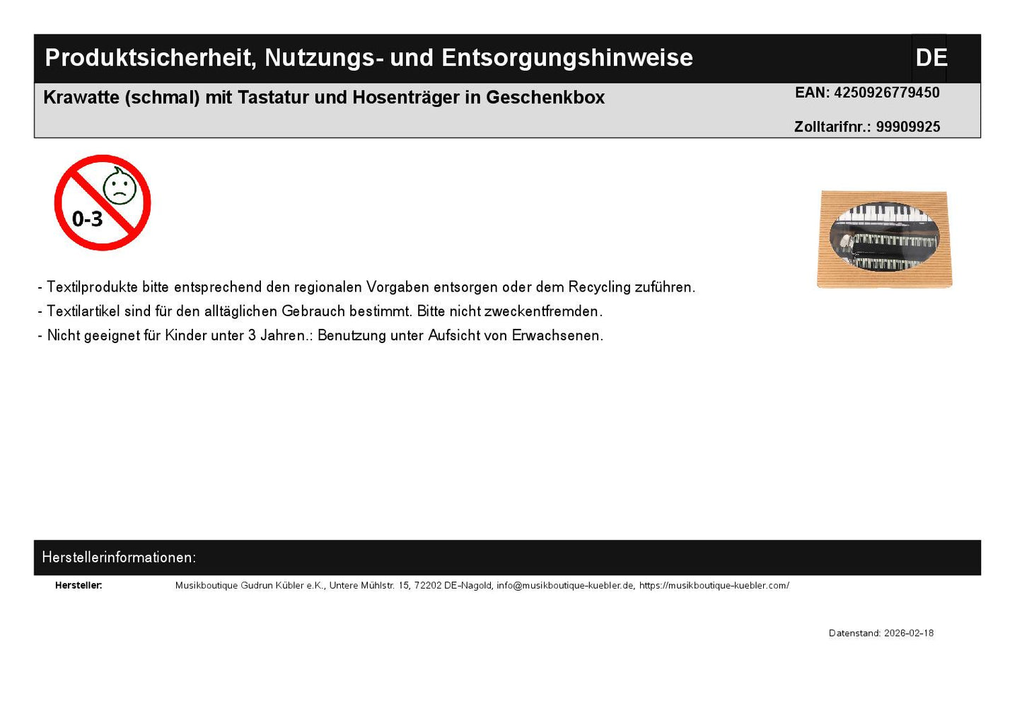 Krawatte (schmal) mit Tastatur und Hosenträger in Geschenkbox