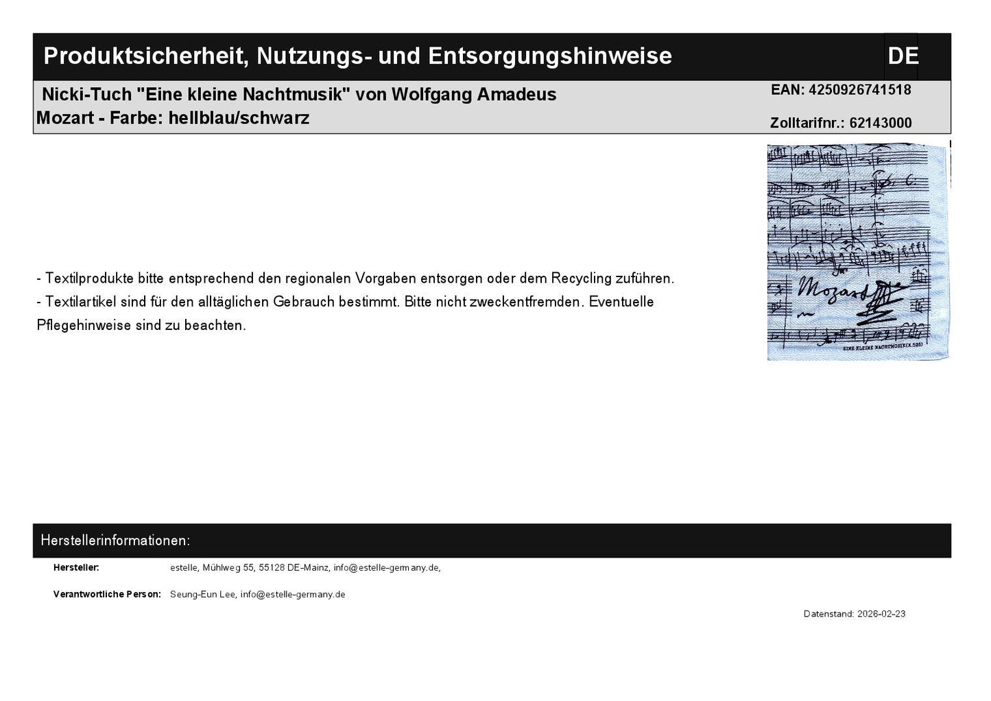 Nicki-Tuch "Eine kleine Nachtmusik" von Wolfgang Amadeus Mozart