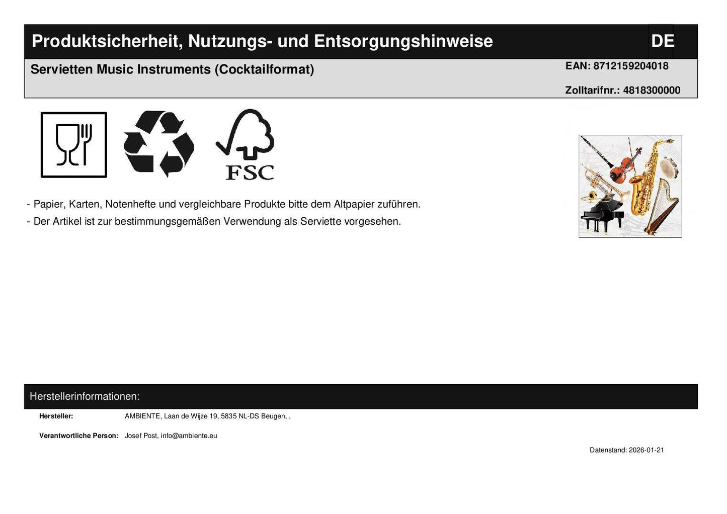 Geschenkset Henkelbecher & und Servietten Instrumente