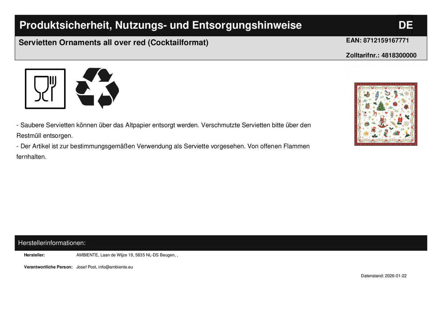 Servietten Ornaments all over red (Cocktailformat)