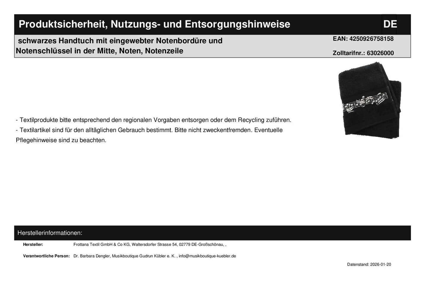 schwarzes Handtuch mit eingewebter Notenbordüre und Notenschlüssel in der Mitte, Noten, Notenzeile