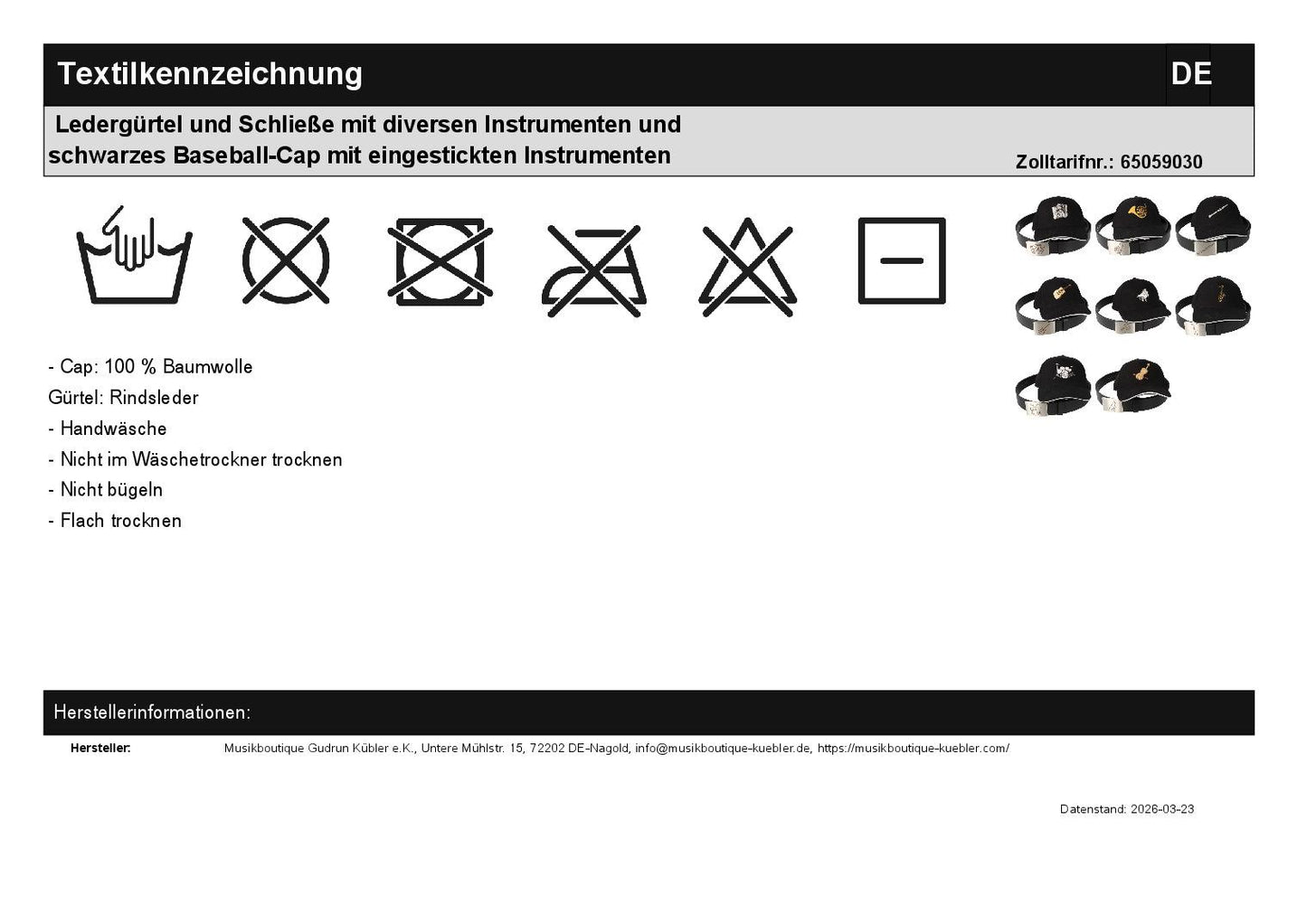 Ledergürtel und Schließe mit diversen Instrumenten und schwarzes Baseball-Cap mit eingestickten Instrumenten